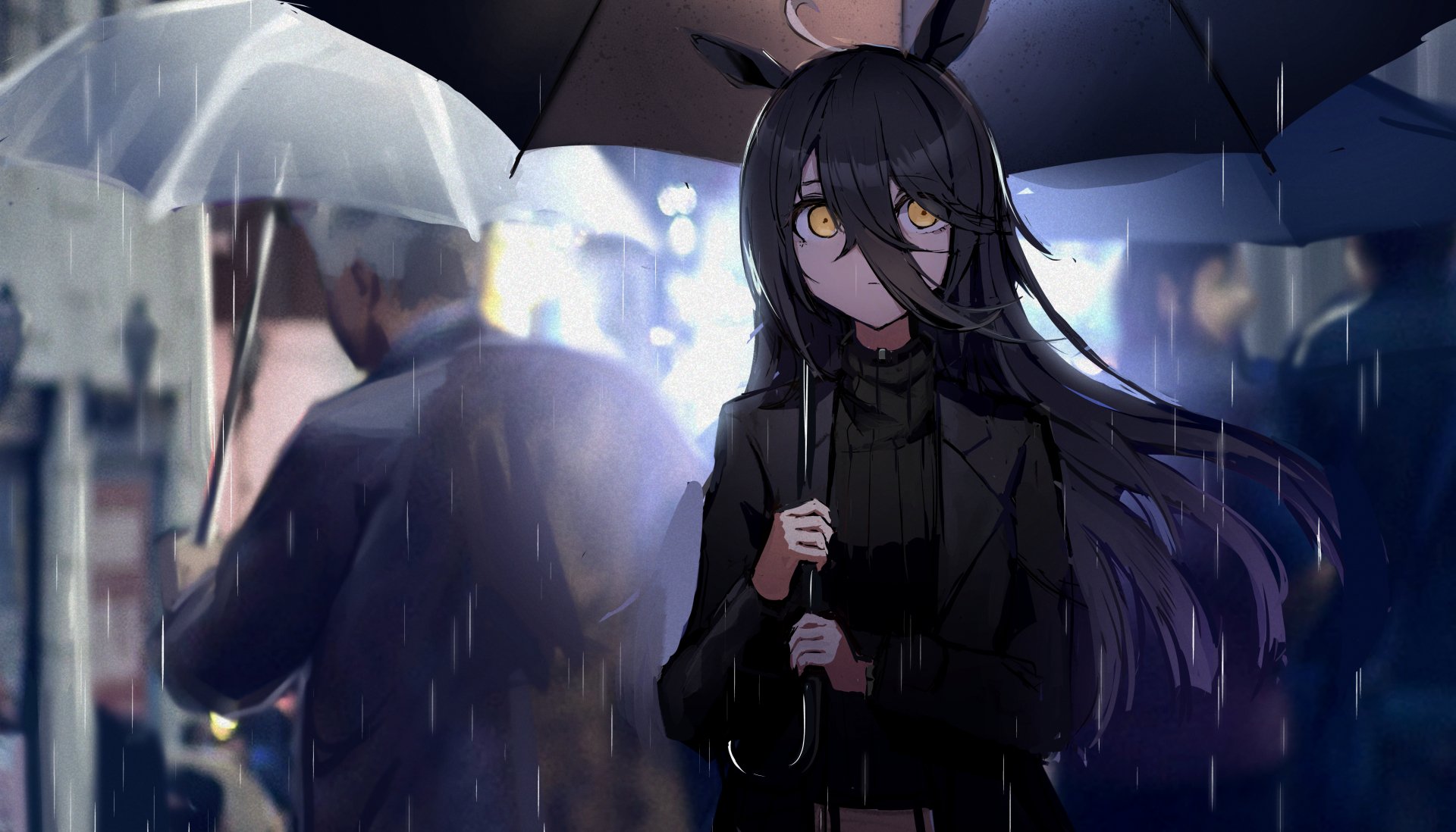 4K Ultra HD wallpaper featuring Manhattan Café from Uma Musume: Pretty Derby, depicting a dark-haired anime character holding an umbrella in a rainy urban setting.