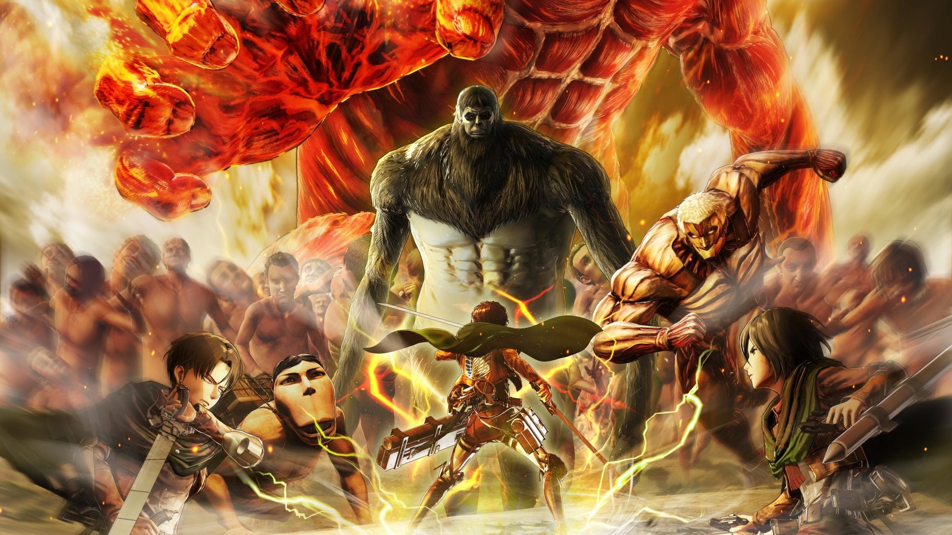 Anime HD PC desktop wallpaper featuring intense characters from Attack on Titan in dynamic battle poses with fiery and dramatic background.