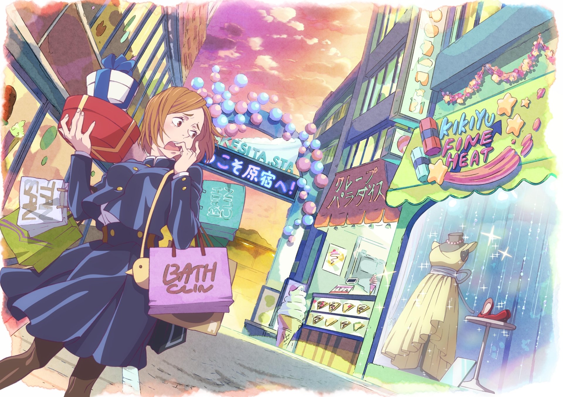 Nobara Kugisaki from Jujutsu Kaisen stands in a vibrant shopping district, juggling bags, surrounded by colorful storefronts and festive decorations. A dynamic anime scene in 4K Ultra HD.