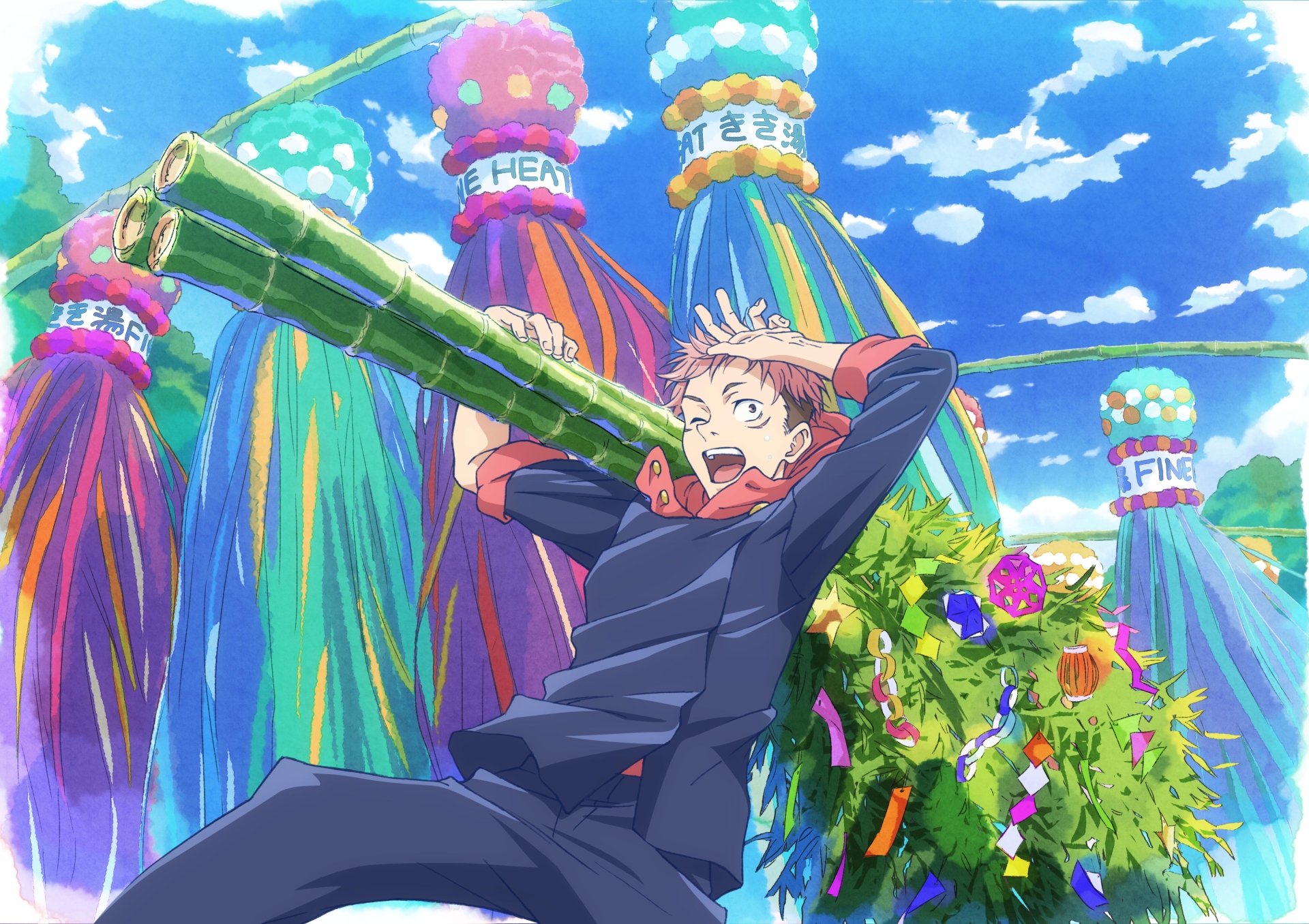 Yuji Itadori from Jujutsu Kaisen featured in a vibrant 4K Ultra HD anime desktop wallpaper with colorful festival decorations and a bright blue sky background.