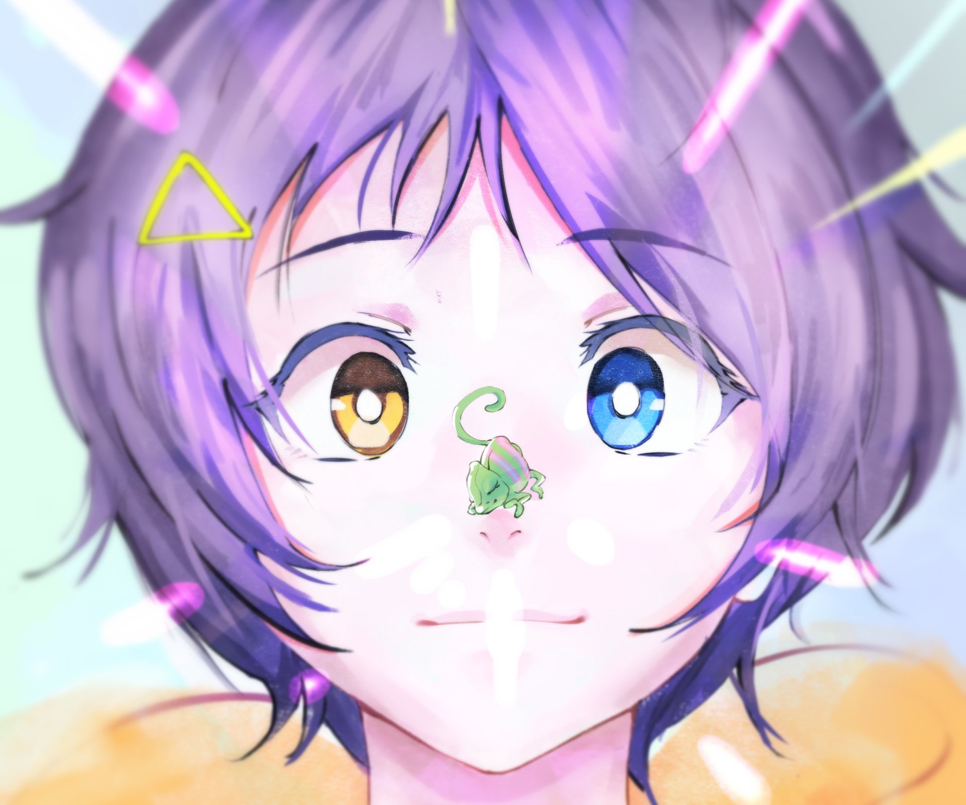 Close-up anime portrait of Ai Ohto (Wonder Egg Priority) with heterochromia—one brown eye, one blue—soft pastel hues and glowing light; vibrant HD PC desktop wallpaper.