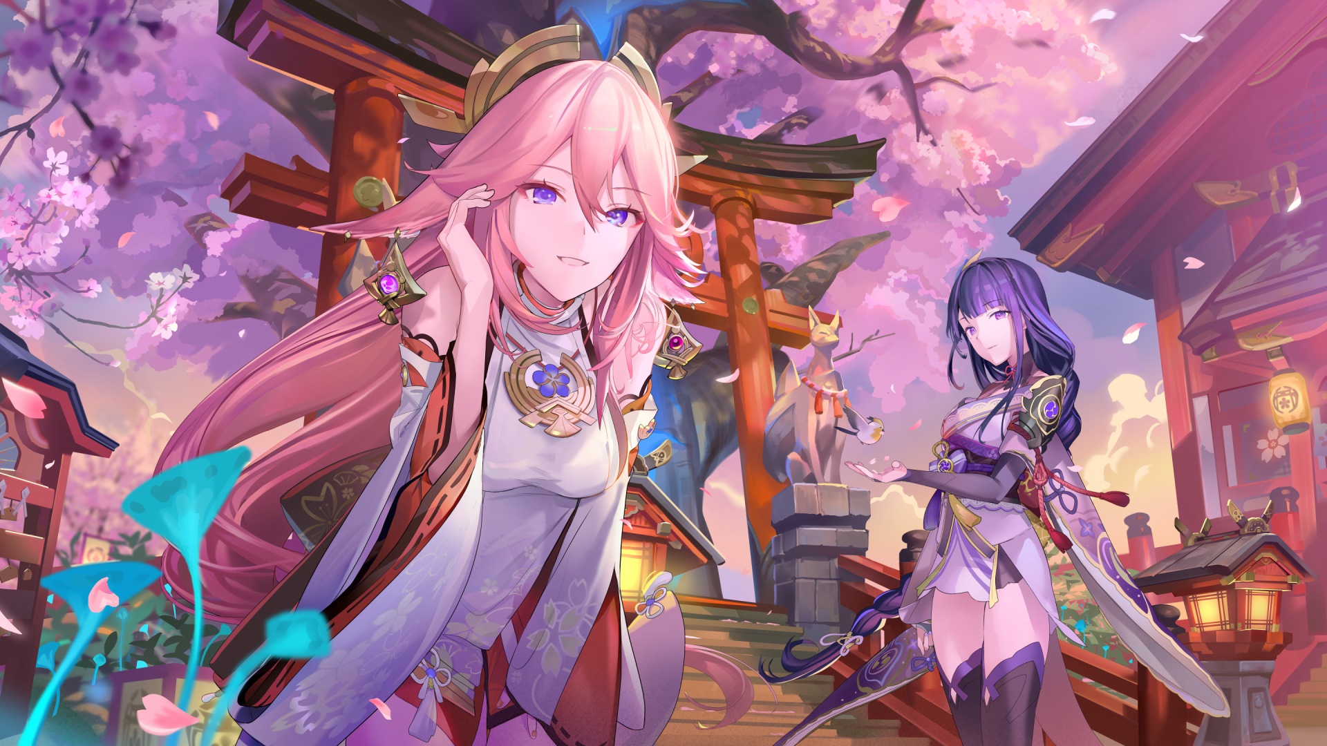 Genshin Impact HD Wallpaper: Yae Miko & Raiden Shogun in Cherry Blossom ...
