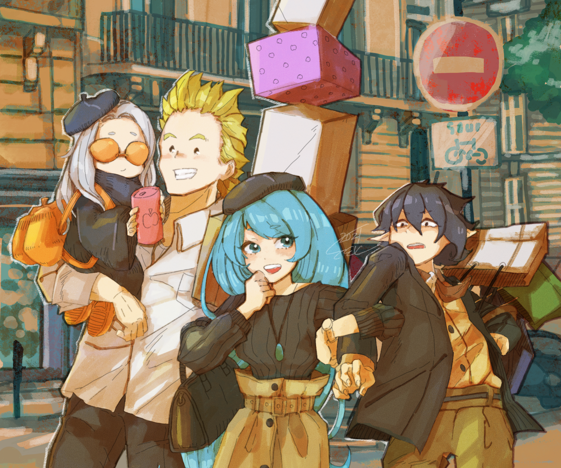HD PC desktop wallpaper showing My Hero Academia anime characters Eri, Mirio Togata, and Nejire Hado posing together against a colorful city street backdrop.