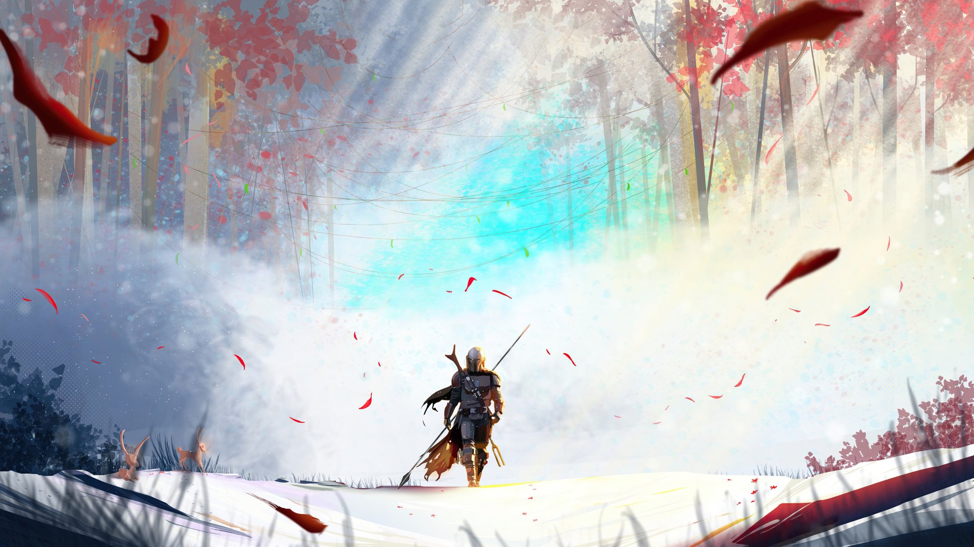 The Mandalorian from the TV show stands in a snowy, sunlit forest clearing with drifting red leaves — 2K Quad HD PC desktop wallpaper/background.