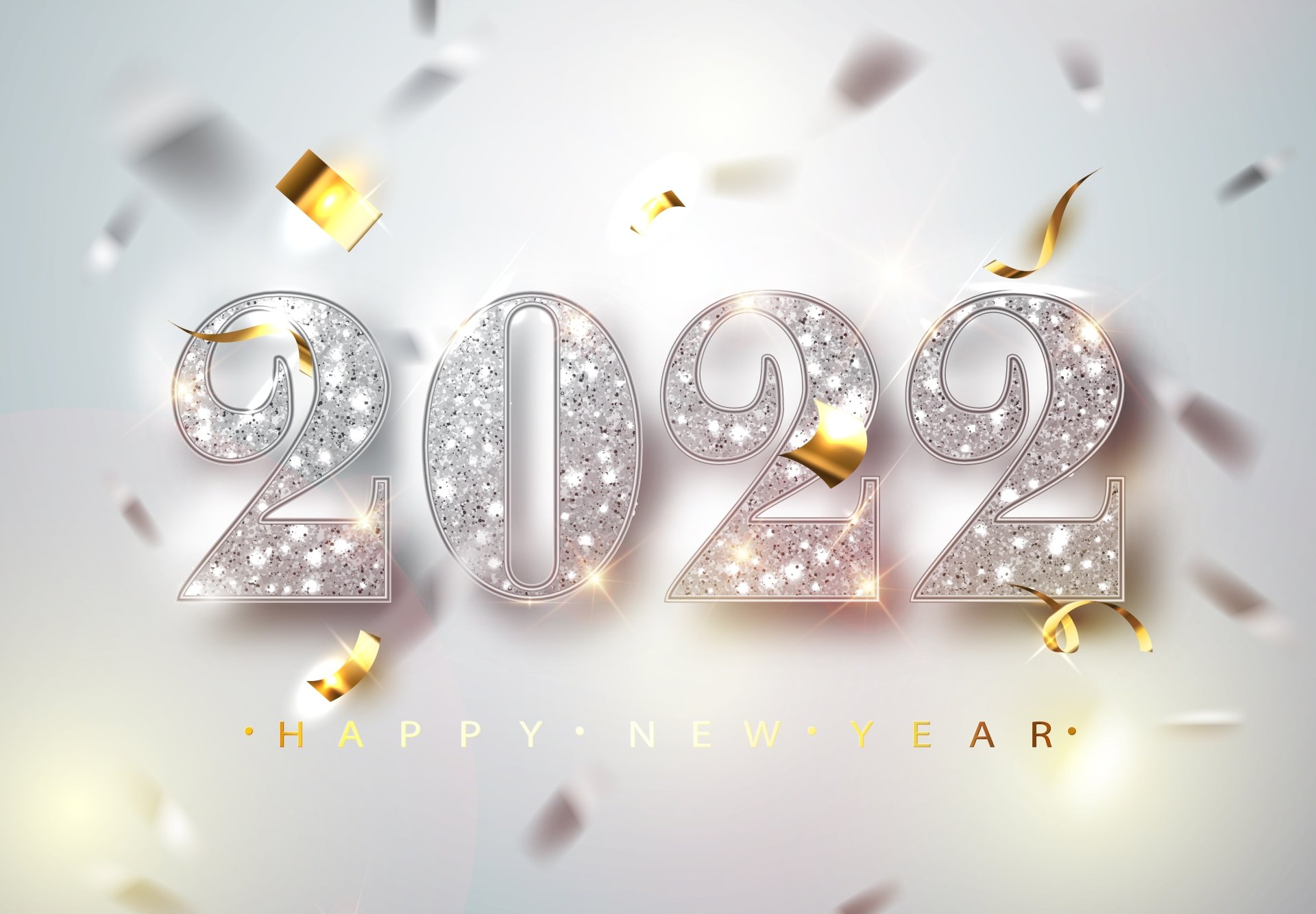 2022 sparkling silver numbers with gold confetti and lights celebrate Happy New Year 2022 in a bright, festive 4K Ultra HD desktop wallpaper background.