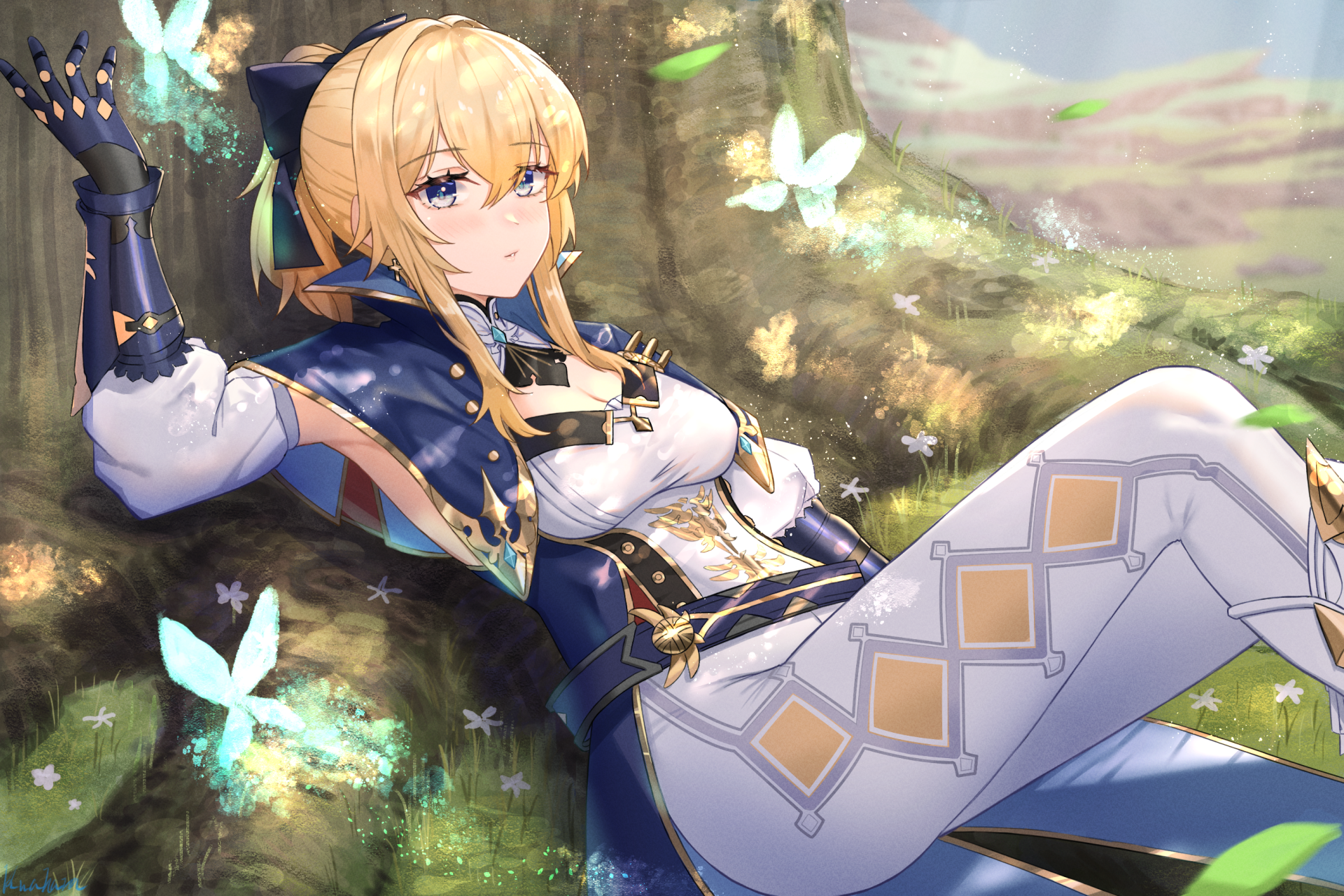 HD PC desktop wallpaper featuring Jean from the video game Genshin Impact, lying on the ground surrounded by glowing butterflies in a serene outdoor setting.