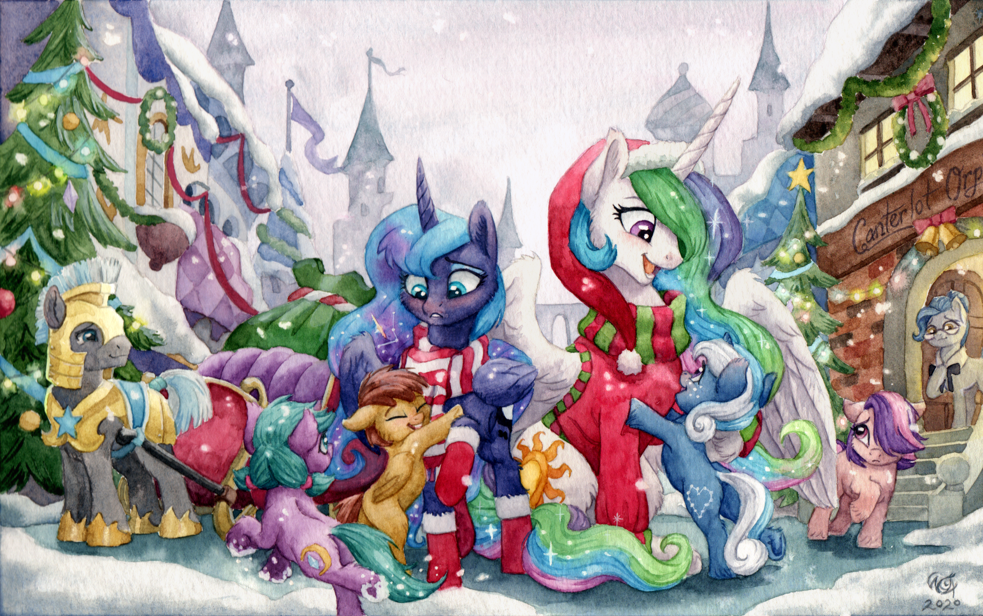 HD PC desktop wallpaper of Princess Luna and Princess Celestia from the TV show My Little Pony: Friendship Is Magic, wearing winter scarves with other ponies in a snowy village background.