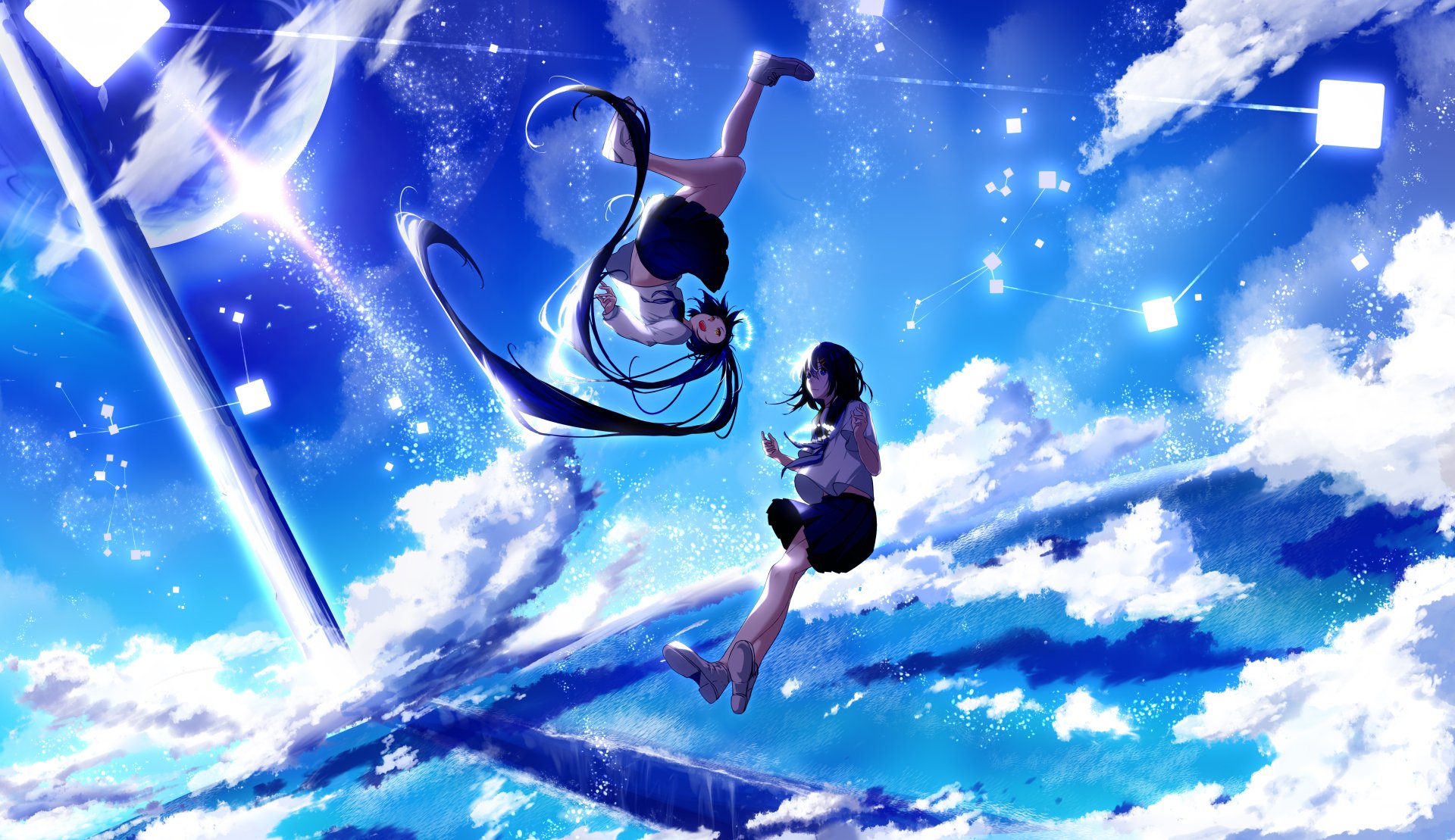 Anime girl in a school uniform floats gracefully amid a vivid blue sky with clouds and glowing geometric shapes in this 4K Ultra HD desktop wallpaper.