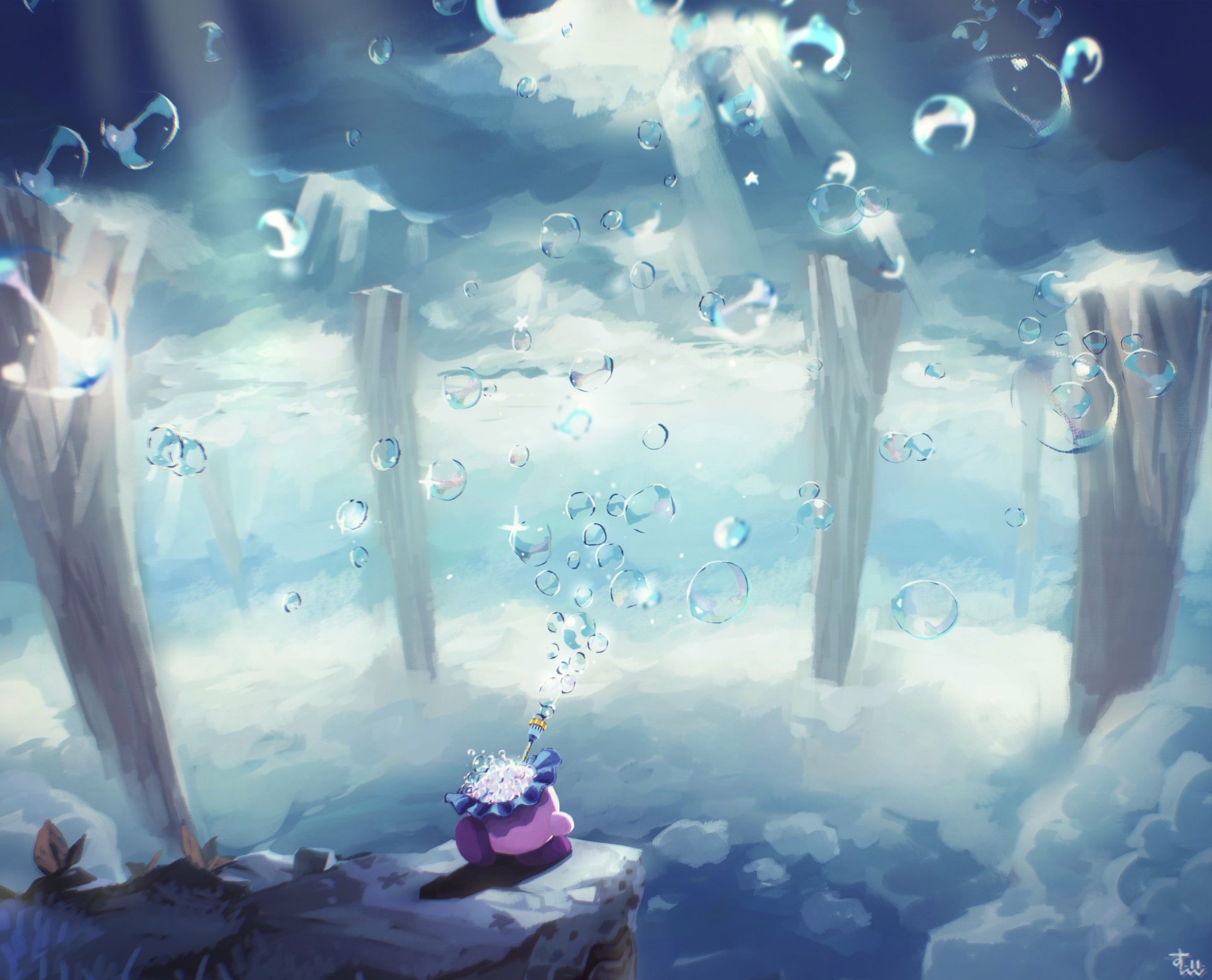 4K Ultra HD PC desktop wallpaper featuring Kirby underwater, surrounded by bubbles and submerged pillars, captured in a serene, video game-inspired scene.