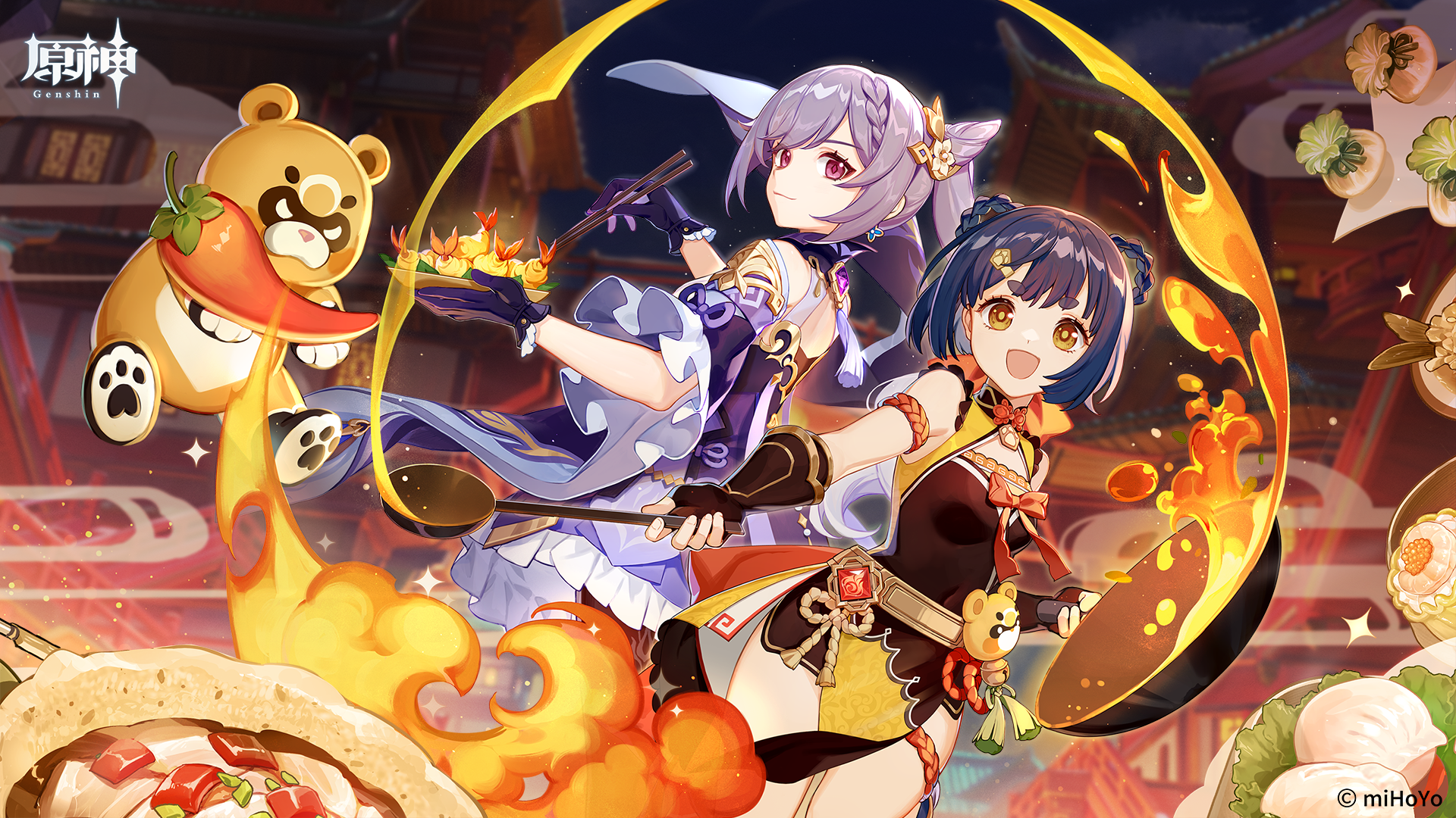 Download Guoba (Genshin Impact) Xiangling (Genshin Impact) Keqing (Genshin Impact) Video Game Genshin Impact HD Wallpaper