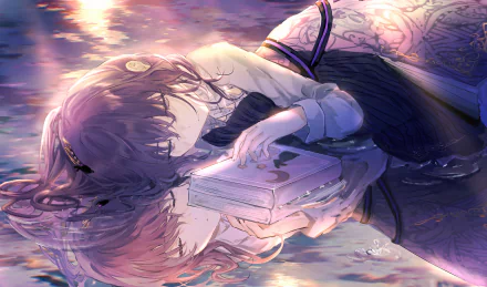 Asahina Mafuyu from Project Sekai: Colorful Stage! feat. Hatsune Miku is depicted in this HD wallpaper, reflecting serene beauty as she gazes into a tranquil surface with a book.