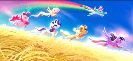 2K Quad HD PC desktop wallpaper from the movie My Little Pony: A New Generation: Pinkie Pie, Rainbow Dash, Fluttershy, Rarity, Applejack and Twilight Sparkle dash over golden fields under a rainbow.