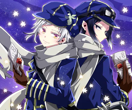 HD anime desktop wallpaper featuring Atsushi Nakajima and Ryūnosuke Akutagawa from Bungou Stray Dogs against a starry night background.