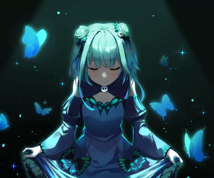 HD PC desktop wallpaper featuring Uruha Rushia from hololive, depicted as an anime-style Virtual YouTuber surrounded by glowing blue butterflies in a dark, mystical setting.