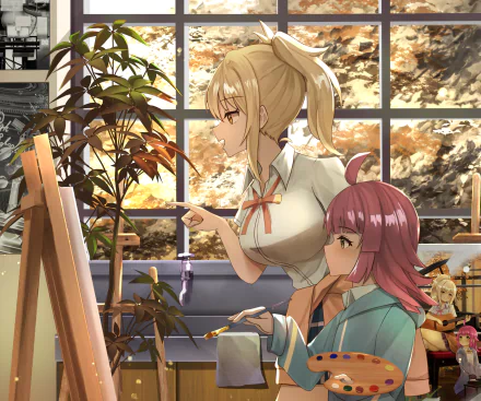 Rina Tennoji and Ai Miyashita from Love Live! Nijigasaki High School Idol Club painting at an easel in a sunlit studio with autumn trees outside — HD PC desktop wallpaper
