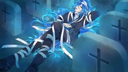 HD PC desktop wallpaper of Idia Shroud from the video game Twisted Wonderland: blue-haired Idia wrapped in white ribbons, reclining among glowing tombstones in an eerie graveyard.