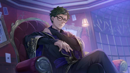 HD PC desktop wallpaper featuring Trey Clover from the video game Twisted Wonderland, seated confidently in an ornate chair within a dimly lit, elegant room.