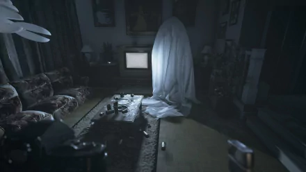 A haunting scene from a video game, featuring a ghostly figure in a dimly lit living room, with an old TV and scattered objects, creating an eerie atmosphere for a desktop wallpaper.