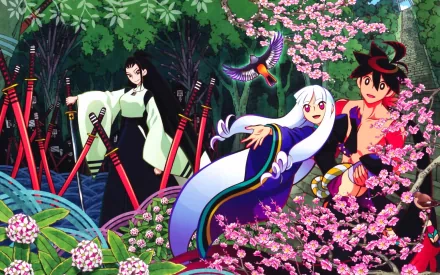 A vibrant HD wallpaper featuring Togame and Shichika Yasuri from Katanagatari, surrounded by blooming flowers and lush greenery, capturing the essence of the anime.