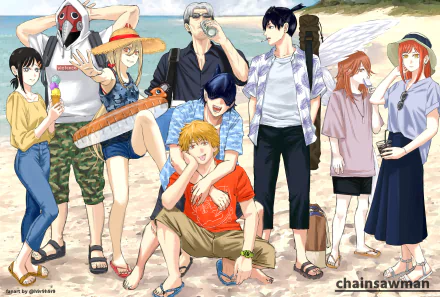 HD desktop wallpaper of the Chainsaw Man anime cast at the beach — Denji, Power, Makima, Aki, Kishibe, Kobeni, Beam and the Violence Fiend in casual summer outfits.