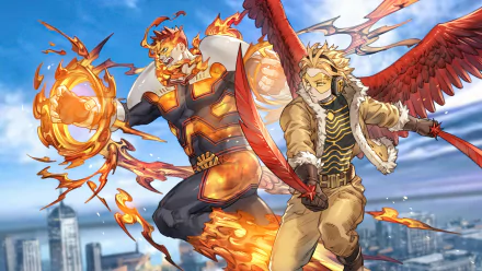HD anime desktop wallpaper featuring Hawks (Keigo Takami) and Endeavor from My Hero Academia, set against a city skyline with vibrant flames and dynamic poses.