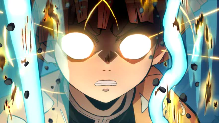 Zenitsu Agatsuma from the video game Demon Slayer -Kimetsu no Yaiba- The Hinokami Chronicles, close-up with glowing eyes, blue lightning and sparks — HD PC desktop wallpaper/background.