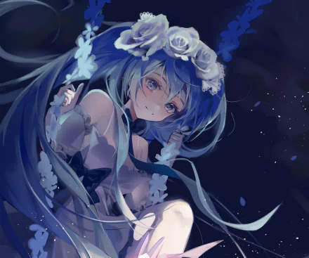 HD anime wallpaper featuring Hatsune Miku, the iconic Vocaloid, with flowing turquoise hair adorned with white roses against a dark, starry background.