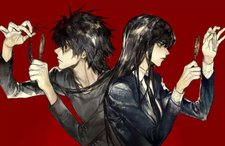 HD anime wallpaper featuring Naomi Misora and Beyond Birthday from Death Note, set against a vivid red background with detailed character art.