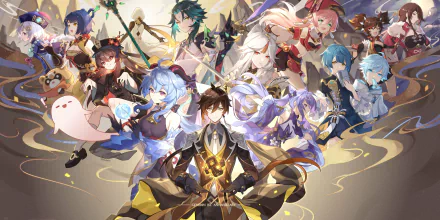 HD desktop wallpaper featuring characters from Genshin Impact, including Beidou, Yanfei, Xiangling, Guoba, Rex Lapis, Qiqi, Keqing, Hu Tao, Chongyun, Xingqiu, Ningguang, Xiao, and Zhongli.