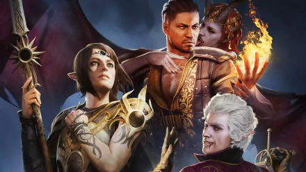 HD PC desktop wallpaper of the video game Baldur's Gate 3 featuring Shadowheart and Astarion with companions in a dramatic fantasy portrait.