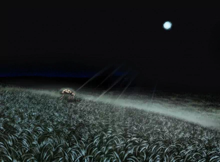 HD PC desktop wallpaper featuring a dark, eerie field under a full moon, inspired by the anime Berserk, capturing its atmospheric and haunting mood.