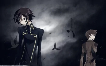 A striking HD wallpaper featuring Lelouch Lamperouge and Suzaku Kururugi from the anime Code Geass, set against a dramatic dark background with swirling shadows and birds.