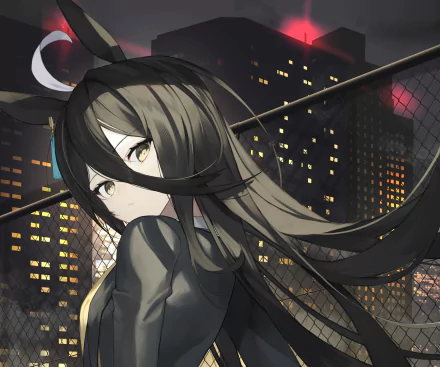 HD PC wallpaper: Manhattan Café anime portrait of an Uma Musume: Pretty Derby character with flowing dark hair and gold eyes on a night-time city rooftop.
