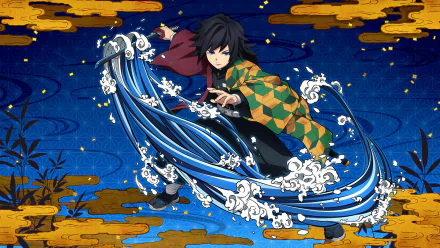 Giyuu Tomioka from Demon Slayer — The Hinokami Chronicles video game, wielding swirling water-breathing waves against a decorative backdrop, rendered as an HD PC desktop wallpaper.