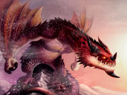 HD desktop wallpaper featuring a fierce red wyvern from fantasy lore, with sharp claws and menacing eyes, set against a dynamic background of turbulent skies and rocky terrain.