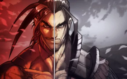 HD PC desktop wallpaper featuring a warrior from the video game SoulCalibur IV, with a dramatic split-color design highlighting the character's fierce expression.