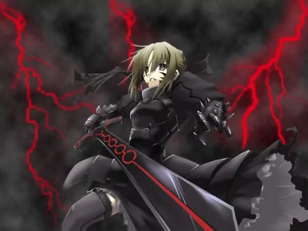 HD desktop wallpaper featuring Saber Alter from Fate/stay Night Movie: Heaven's Feel. She is dressed in black armor, brandishing a large sword with red energy crackling in the background.