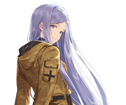 Anime-style HD PC desktop wallpaper featuring Anju Emma from Eighty Six with long silver hair and a brown military jacket against a white background.