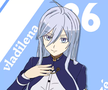 HD desktop wallpaper of Vladilena Milizé (Eighty Six): silver‑haired officer in a dark uniform, hand to her chest, pale blue background featuring her name and a large white 6.