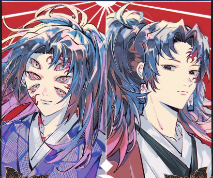 HD anime wallpaper featuring Kokushibo and Yoriichi Tsugikuni from Demon Slayer: Kimetsu no Yaiba, showcasing their distinct appearances and intense expressions.