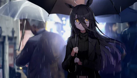4K Ultra HD wallpaper featuring Manhattan Café from Uma Musume: Pretty Derby, depicting a dark-haired anime character holding an umbrella in a rainy urban setting.