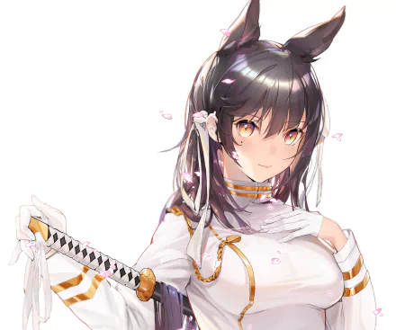 4K Ultra HD anime wallpaper of Atago from Azur Lane, featuring her with animal ears, holding a katana and wearing a white outfit with gold accents.