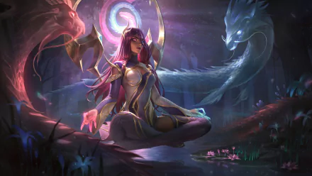 Karma from League of Legends meditates with glowing Chinese dragon spirits swirling around her in this vibrant 8K Ultra HD video game desktop wallpaper.