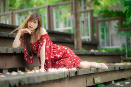 brunette red dress woman asian HD Desktop Wallpaper | Background Image