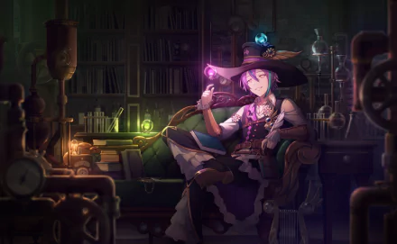 HD PC desktop wallpaper featuring Kamishiro Rui as a wizard from the video game Project Sekai: Colorful Stage! feat. Hatsune Miku, set in a mystical, dimly lit library.