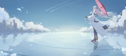 Kawakaze (Azur Lane) anime character standing on a reflective sea with an umbrella, petals and comet trails overhead, distant skyline — 4K Ultra HD PC desktop wallpaper/background.