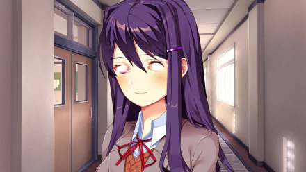 Yuri from Doki Doki Literature Club! — anime-style HD PC desktop wallpaper showing her blushing in a sunlit school hallway, a video game character portrait/background.