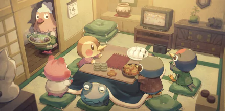 HD PC desktop wallpaper featuring Animal Crossing characters Jeremiah, Roald, Molly, Ava, and Apple gathered around a cozy kotatsu table in a warm, inviting room.
