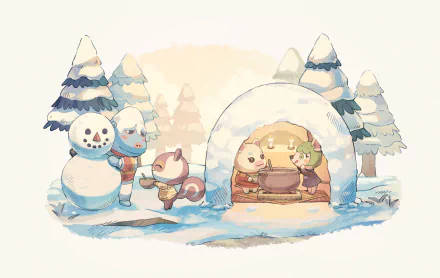 HD PC desktop wallpaper featuring Animal Crossing characters Flurry, Hans, Poppy, and Bree enjoying a snowy scene with a snowman and igloo.