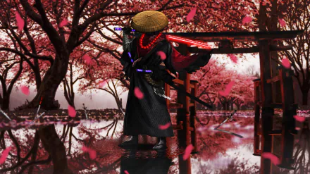 4K Ultra HD PC wallpaper depicting a samurai standing amid falling cherry blossoms in a fantasy video game setting with vibrant red tones and reflective water.